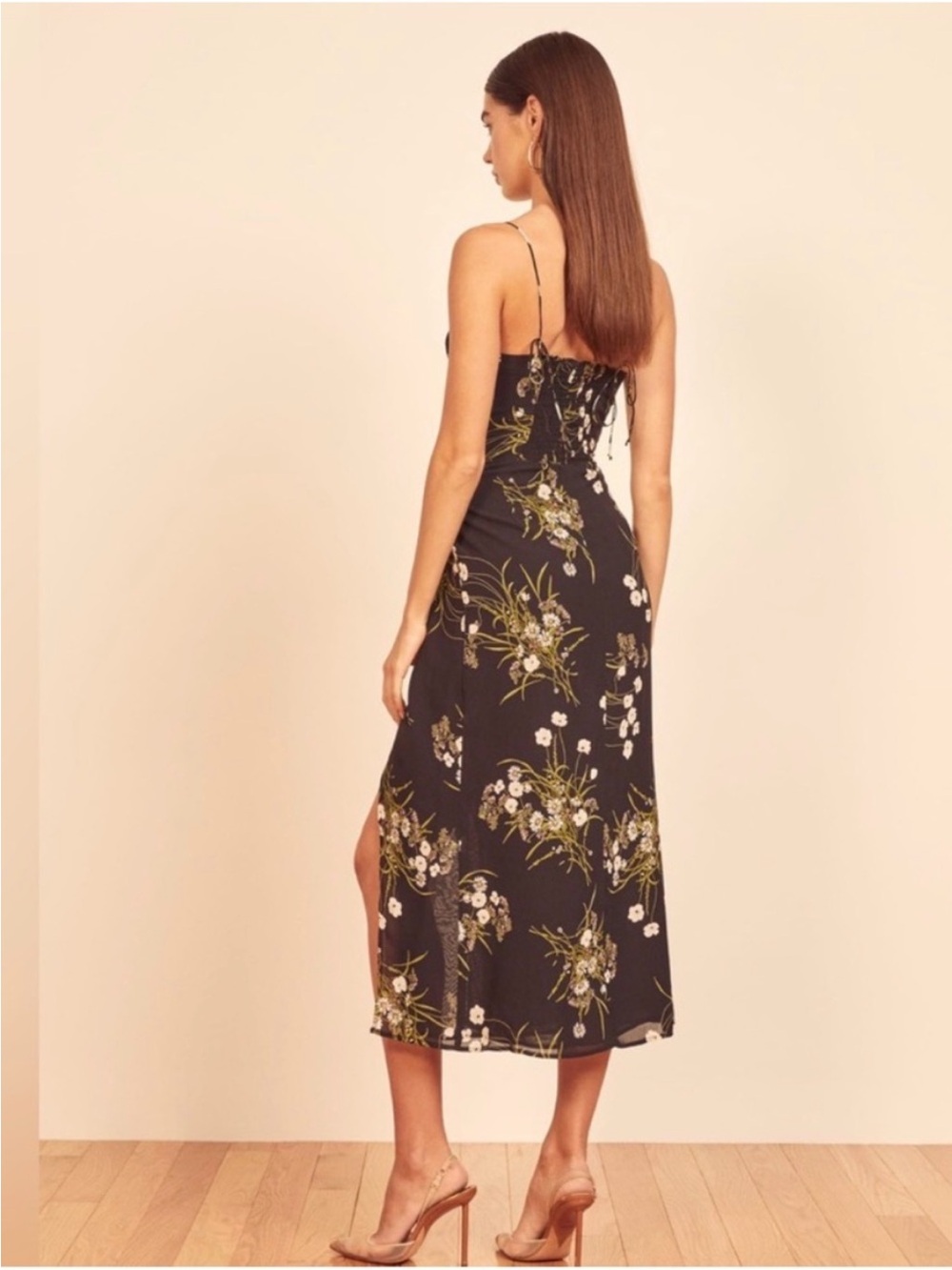 Reformation Black Floral Spaghetti-Strap Midi Dress - Picture 3 of 5